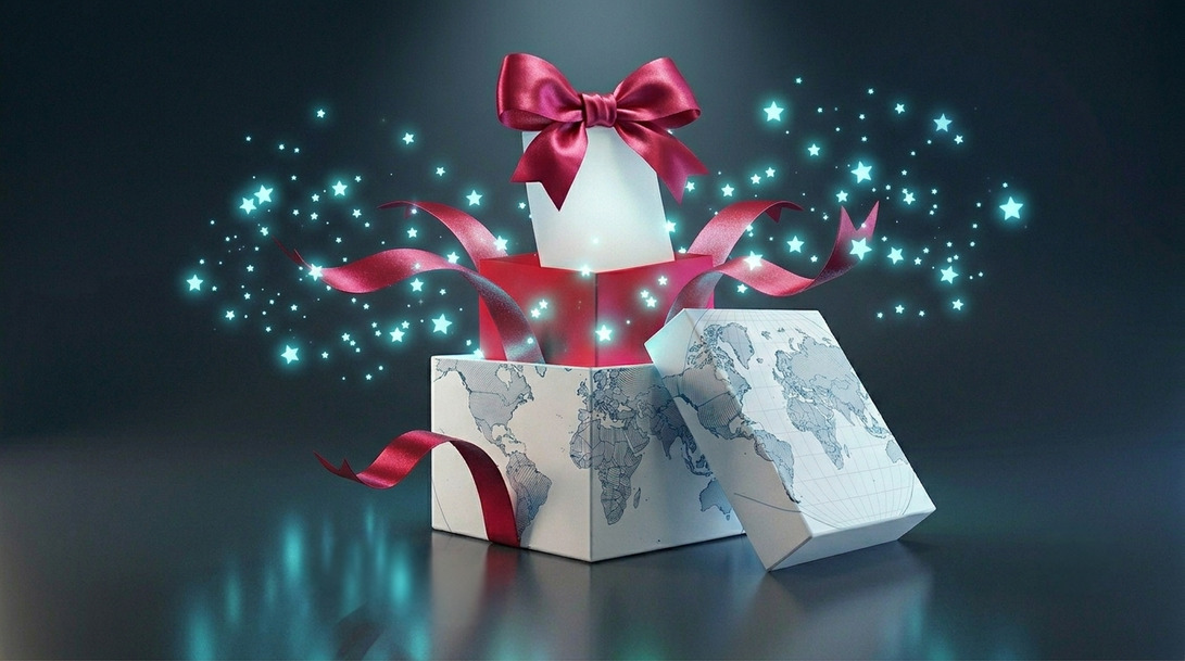CLS WPT IP Andalucía Noticias 24h Open gift box with a world map pattern pink ribbon streams and glowing blue stars bursting from inside