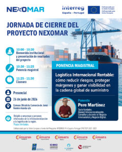 Cartel de la Jornada de Cierre del Proyecto Nexomar con horario bienvenida ponencia y clausura y sede en la Cámara Oficial de Comercio de Jerez incluye logos de Nexomar e Interreg y la ponencia de Pere Martínez