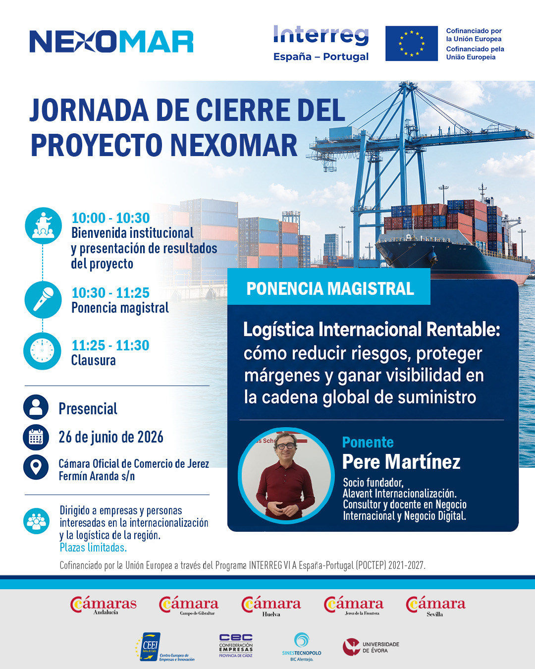 Clausura nexomar IP Andalucía Noticias 24h Cartel de la Jornada de Cierre del Proyecto Nexomar con horario bienvenida ponencia y clausura y sede en la Cámara Oficial de Comercio de Jerez incluye logos de Nexomar e Interreg y la ponencia de Pere Martínez