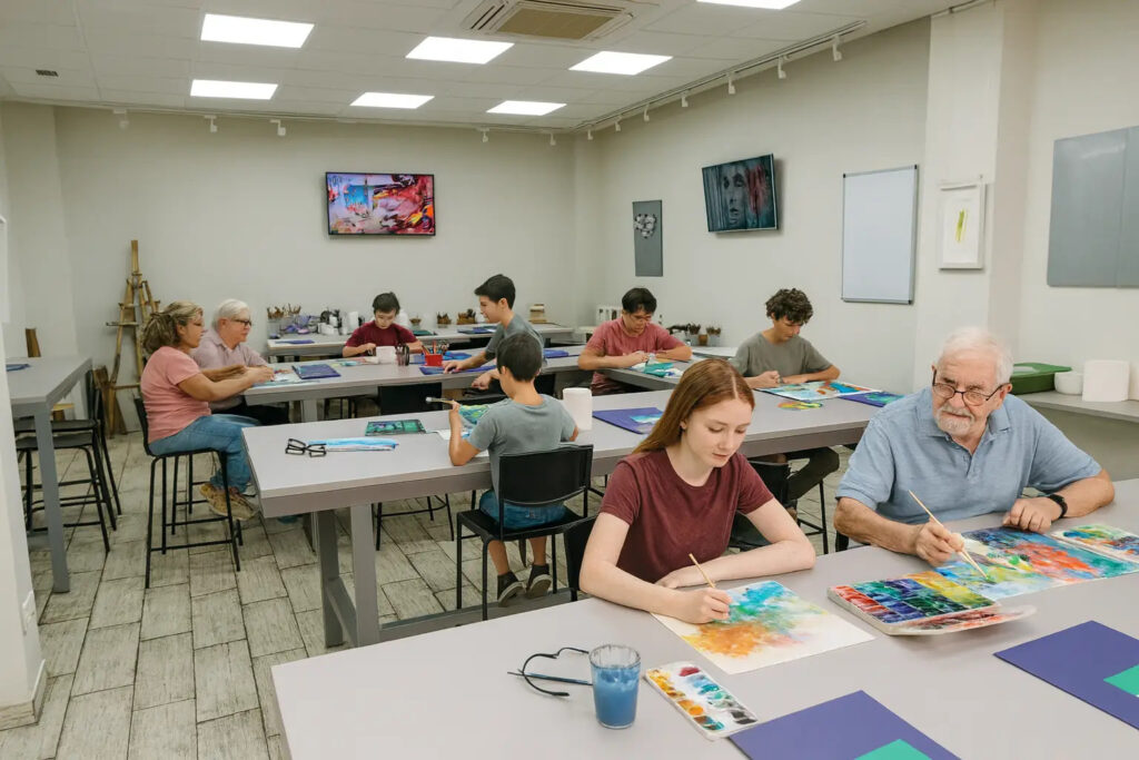 Studio art class students of various ages painting colorful watercolor pieces at long tables in a bright room